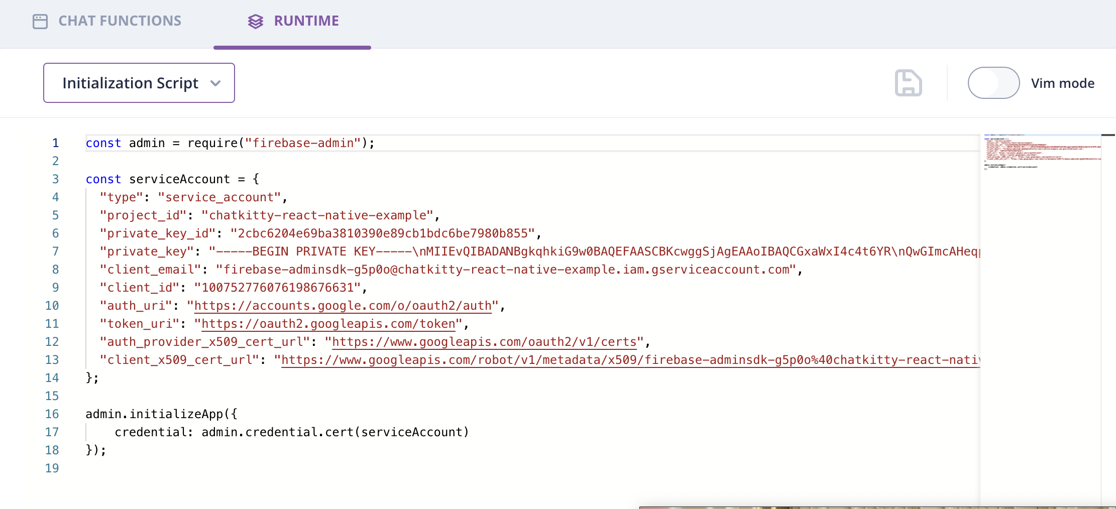 Screenshot: ChatKitty runtime initialization script