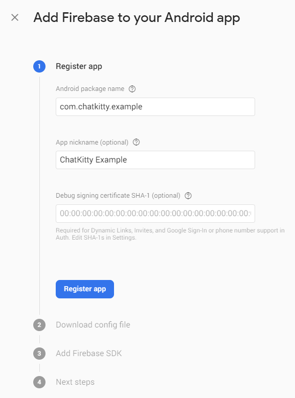 Screenshot: Screenshot: Firebase create android app register