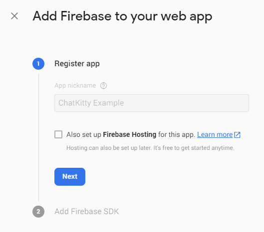 Screenshot: Firebase create web app register