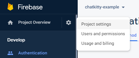 Screenshot: Firebase project settings