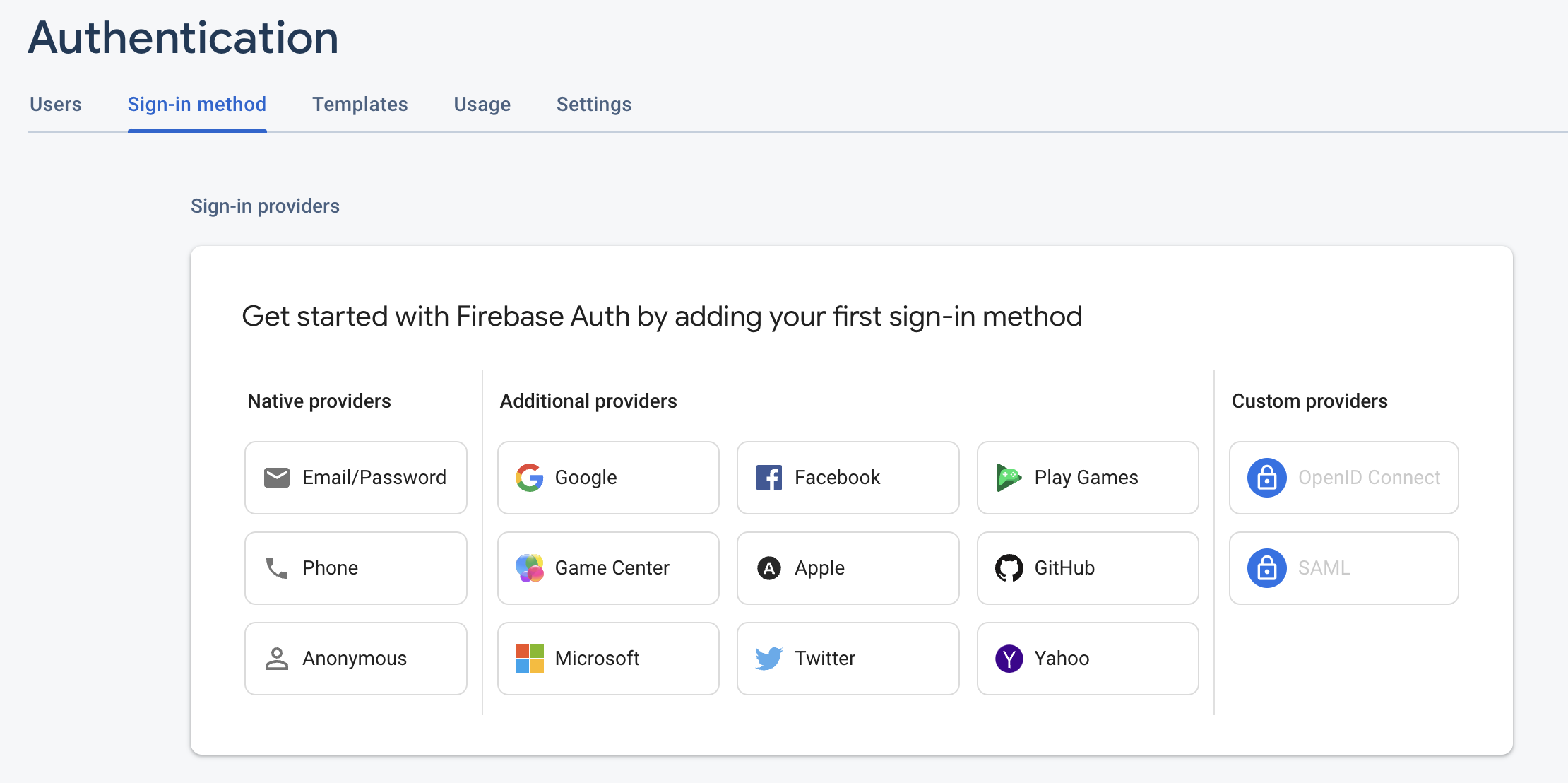 Screenshot: Firebase select sign in method