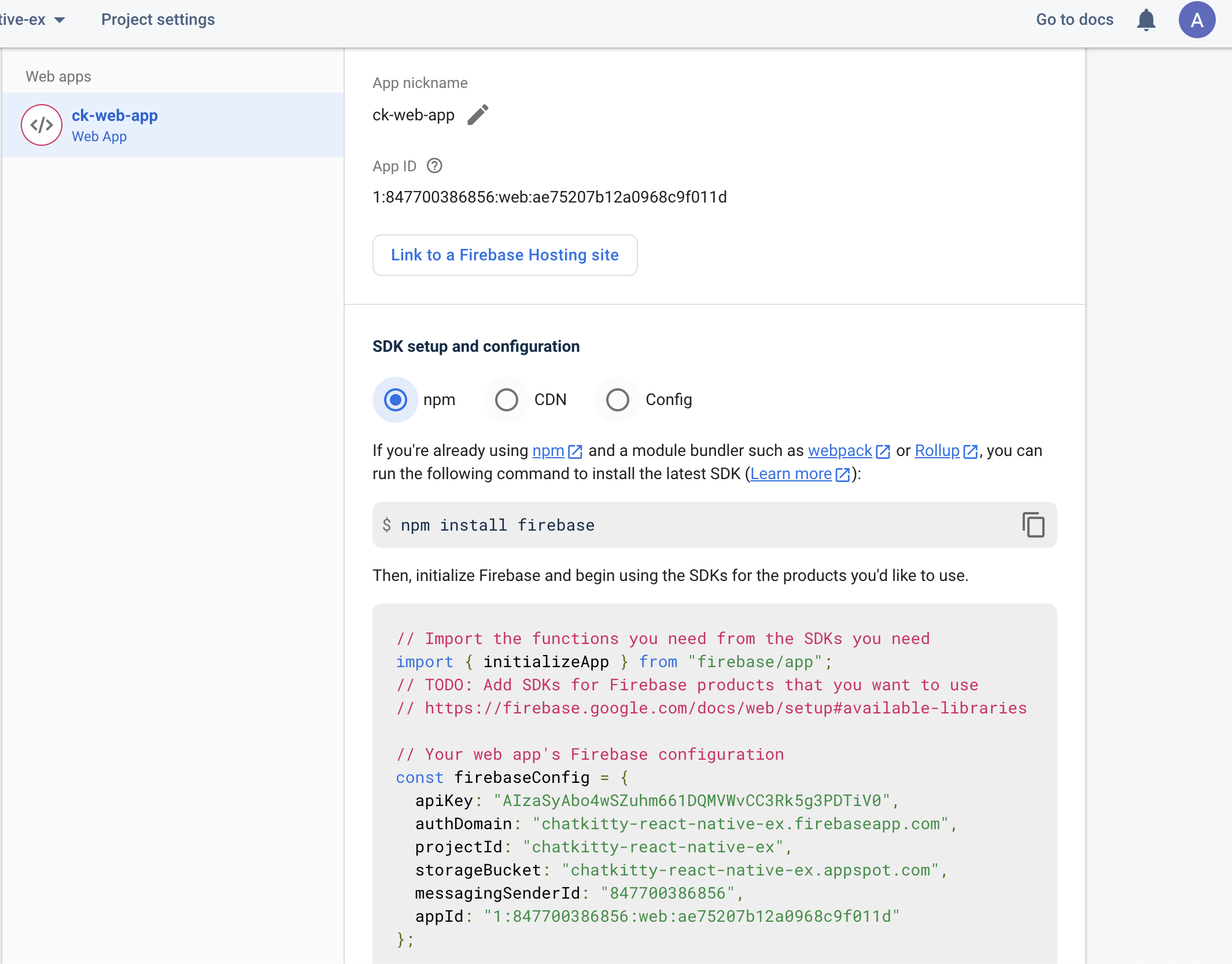 Screenshot: Firebase web app config