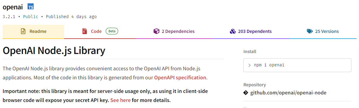 ChatGPT integration screenshot: OpenAI NPM