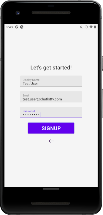 Screenshot: sign-up screen filled