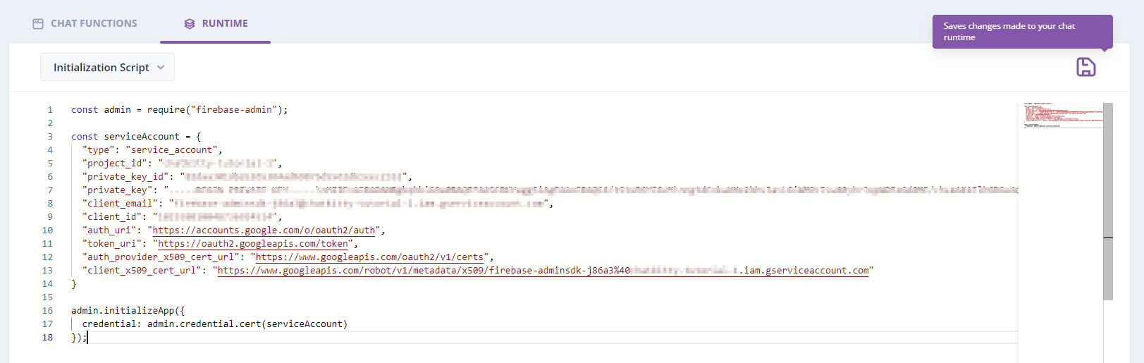 Dashboard screenshot: initialization script, firebase admin