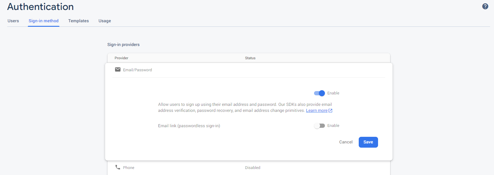 Screenshot: Firebase enable email password sign in method
